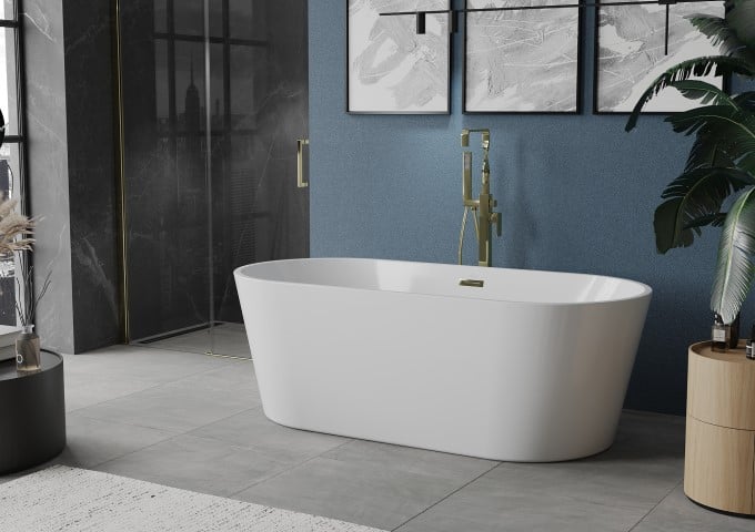 nowoczesna łazienka z granatową ścianą